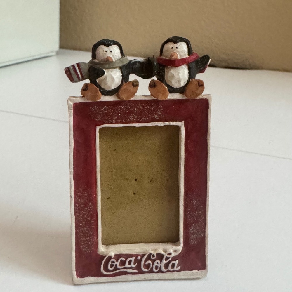 Vintage 1999 Coca-Cola Penguin Mini Picture Frame Red Glitter Holiday Decor